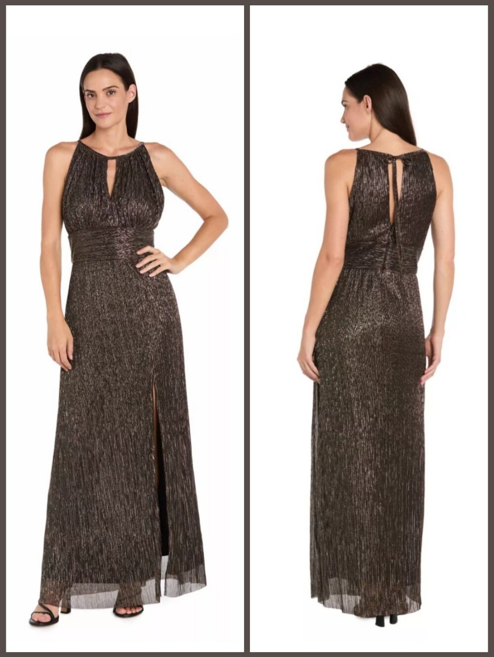 R&M Richards Copper Metallic Sparkly Keyhole Long Dress